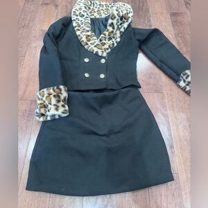 Black 2 piece Dress with Leopard Print Collar and Cuffs